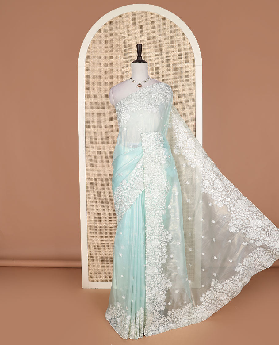 Pastel blue floral embroidered designer organza saree, floral embroidered scallop border