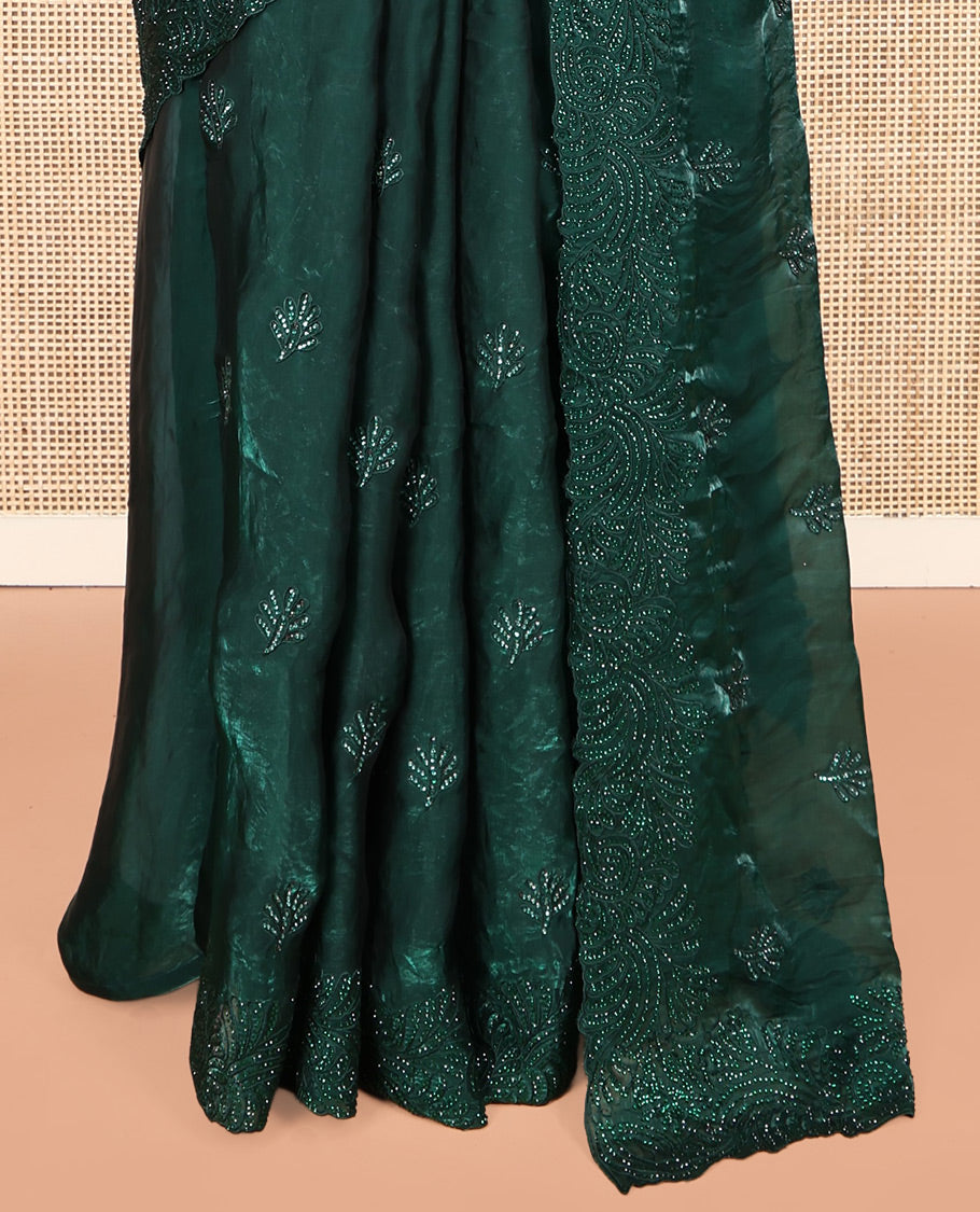 Green Designer Saree, Masterfully Woven with Floral Stone Patchwork, a Scallop Stonework Border, and a Matching Blouse