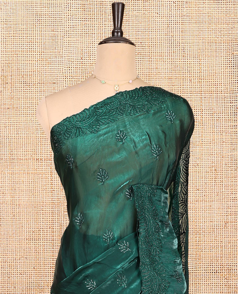 Green Designer Saree, Masterfully Woven with Floral Stone Patchwork, a Scallop Stonework Border, and a Matching Blouse