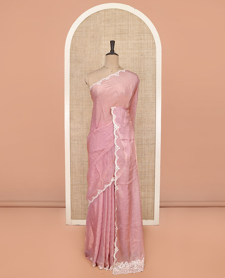 Pink Designer Saree, Gracefully Embellished with Stone Work, Scallop Lace Border, a Self-Pallu, and a Matching Blouse