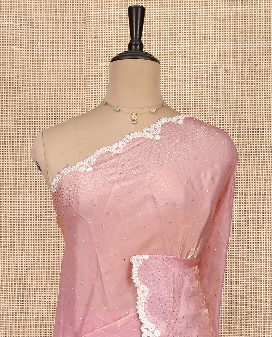 Pink Designer Saree, Gracefully Embellished with Stone Work, Scallop Lace Border, a Self-Pallu, and a Matching Blouse
