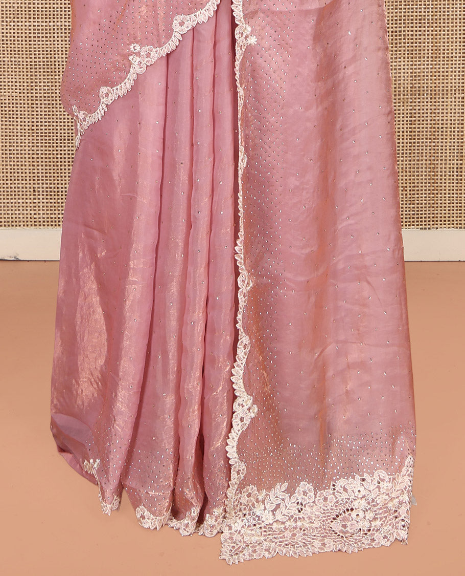 Pink Designer Saree, Gracefully Embellished with Stone Work, Scallop Lace Border, a Self-Pallu, and a Matching Blouse