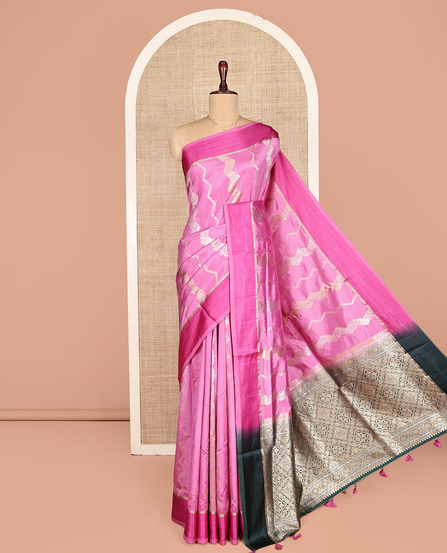 Pink Dupion Silk Saree, Richly Detailed with Floral Creeper and Chevron Stripes, Complemented by Contrast Border, Pallu of Jaal Design, and a Contrast Blouse