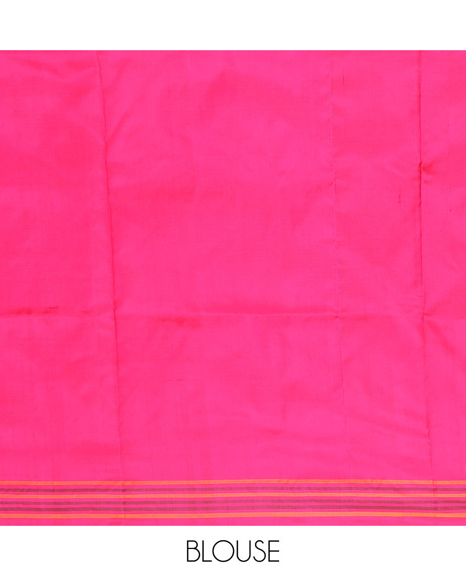 Sandal Ikkat Silk Saree Featuring Kaleidoscopic-Coloured Flora or Fauna Motifs Enclosed in Mughal Jaal, Complemented by a Contrast Ikkat Border, Adorned with a Pallu of Patola Fauna Motifs, and a Plain Contrast Blouse