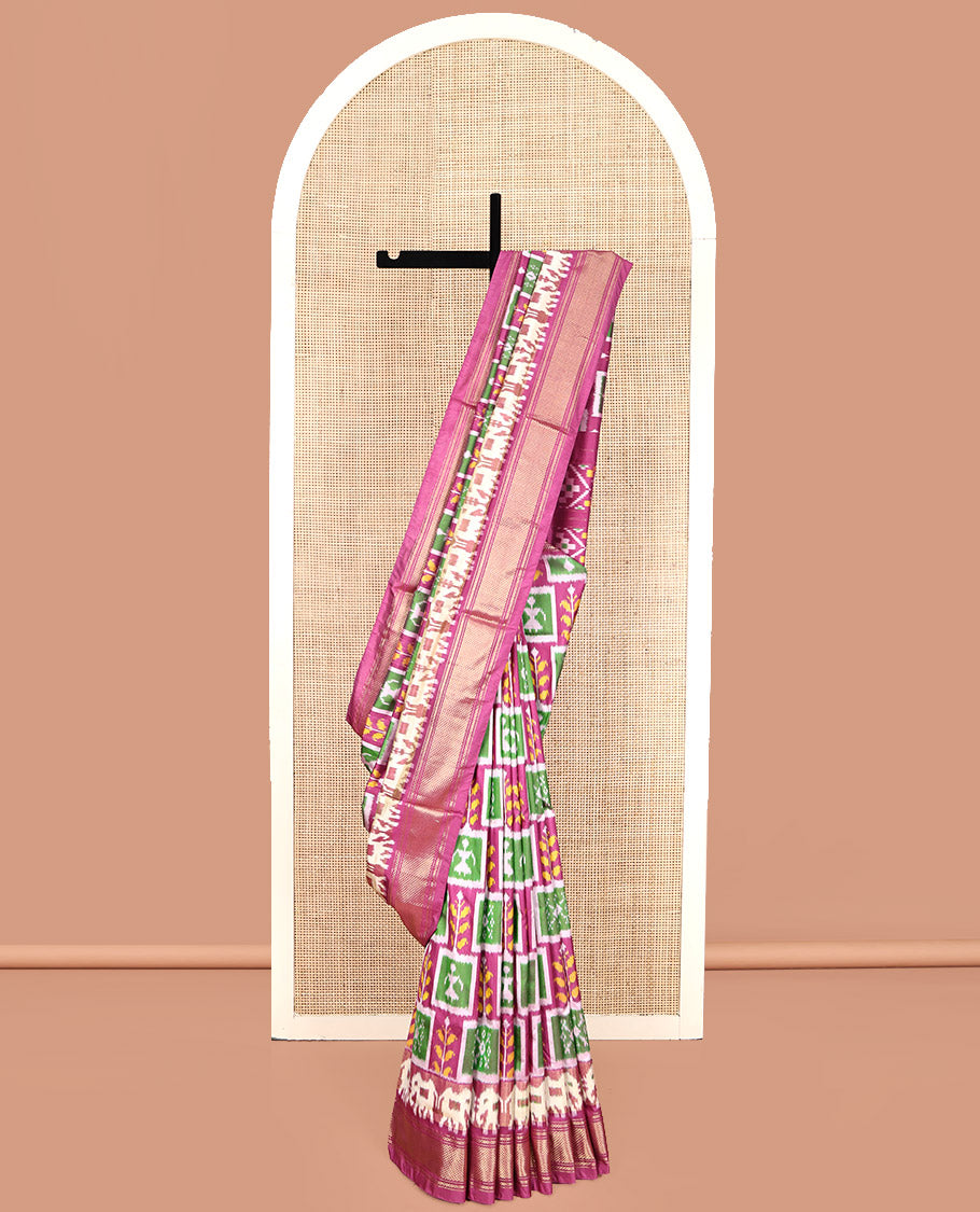 Pink Pochampally Ikat Silk Saree, Meticulously Woven with Ikat Enclosed Checks on Its Body, Highlighted by a Zari Border, Pallu of Jaal Pattern in Ikkat Weave, and Paired with a Matching Blouse