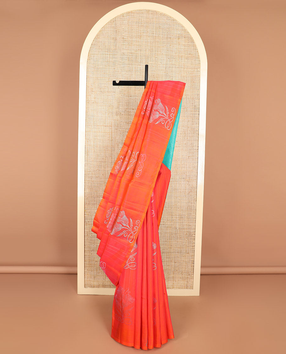 Orange striped, floral design kancheepuram silk sareee with geometric design pallu