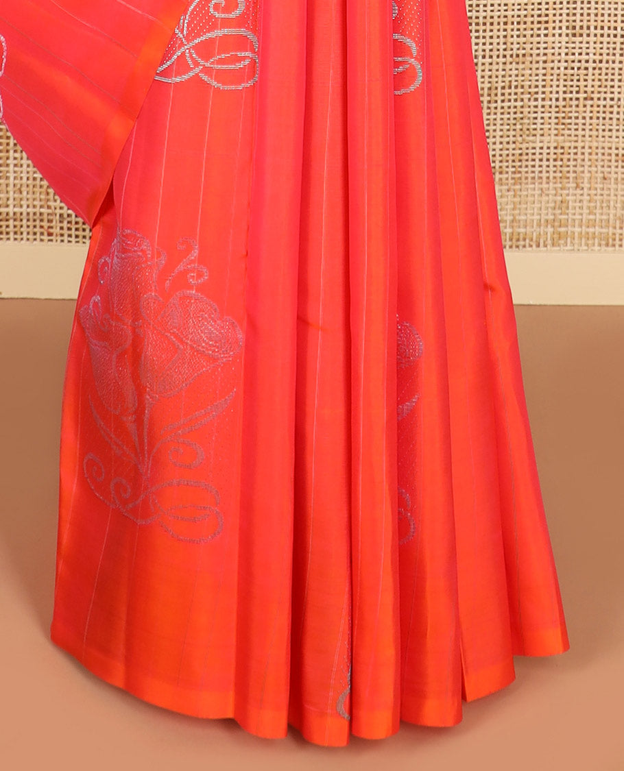 Orange striped, floral design kancheepuram silk sareee with geometric design pallu