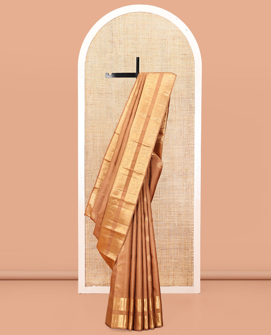 Pale Brown Kanchipuram Silk Saree, Subtly Sparkled with Zari Designs, Highlighted by a Zari Rettai Pettu Border of Poun, Mayil, and Kuthirai Designs, Grand Pallu, and Matching Blouse