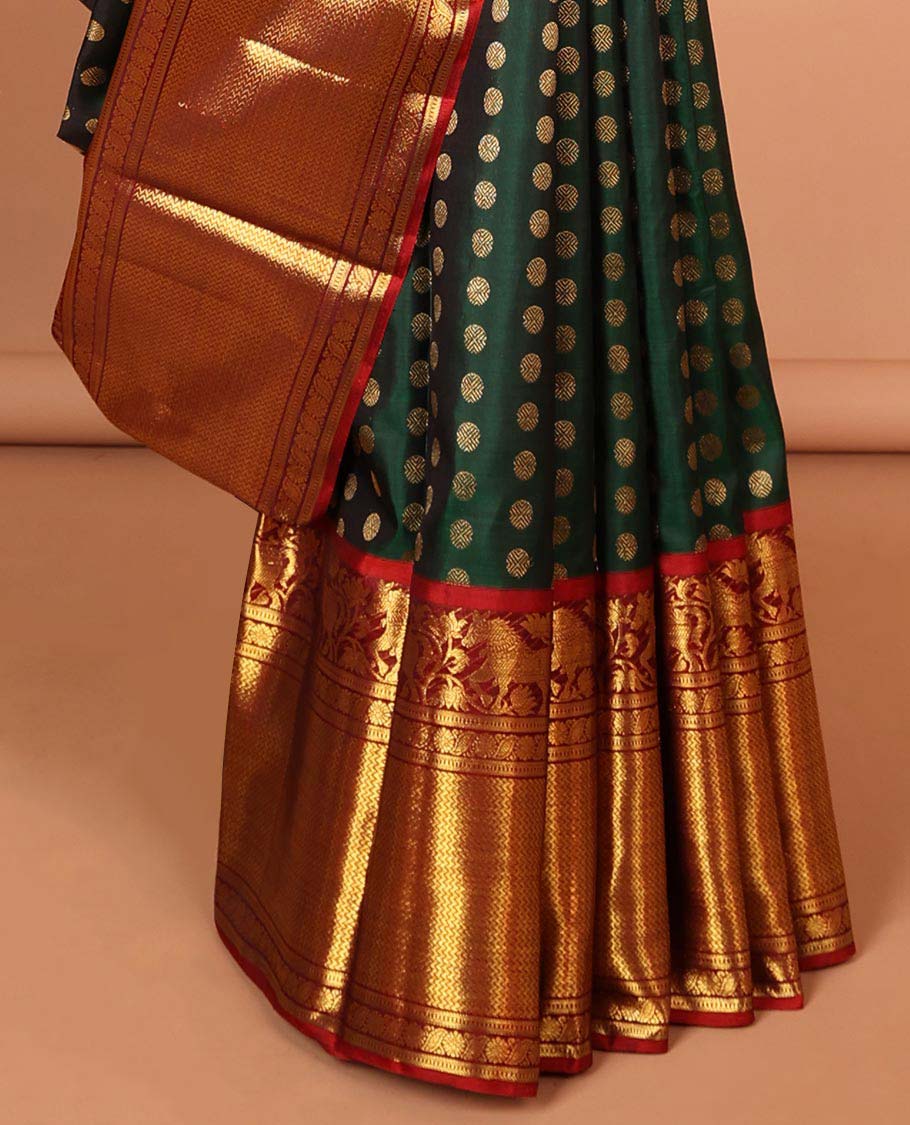 Green zari buttas Kanchipuram silk saree, contrast zari border of kuthirai design & pallu of rekku,poun,mayil & zari design