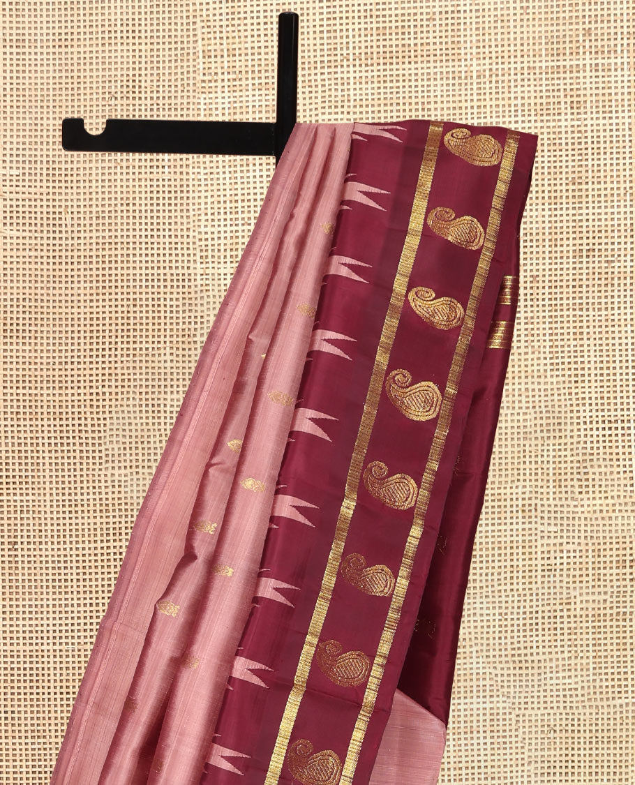 Pale Brown Kanchipuram Silk Saree, Woven with Zari Buttas, Complemented by a Contrast One-Sided Thazampoo Rekku Border of Manga Designs, Zari Woven Pallu, and a No Blouse