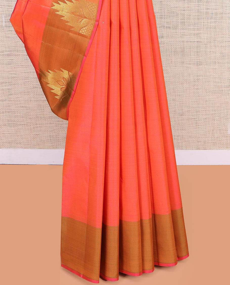Orange Kanchipuram Silk Saree, Woven with Zari Buttas, a Contrast Thazampoo Rekku Border, Zari Design Pallu, and a Contrast Blouse