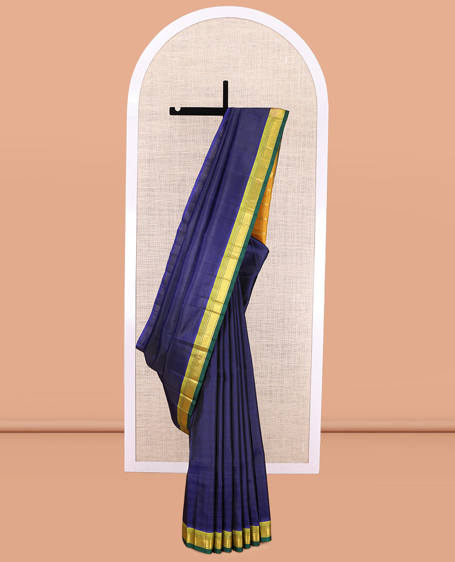 Blue Plain Kanchipuram Silk Saree, a Contrast One-sided Border of Rekku, Banaras, and Jaal Designs, Zari Striped Pallu, and No Blouse