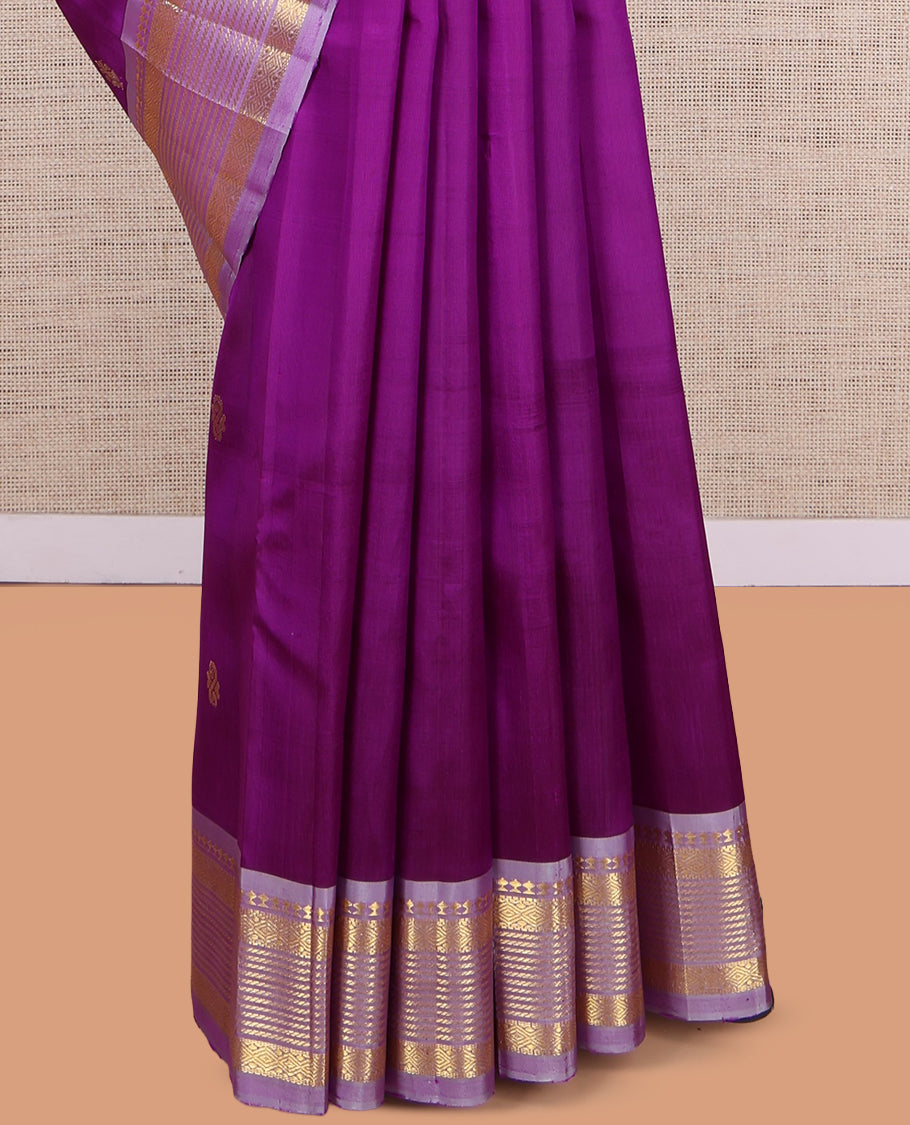 Purple Kanchipuram Silk Saree, Embellished with Zari Buttas, a Contrast One-Sided Border of Paneer Sombu, Banaras and Diamond Design, Zari Design Pallu, and No Blouse