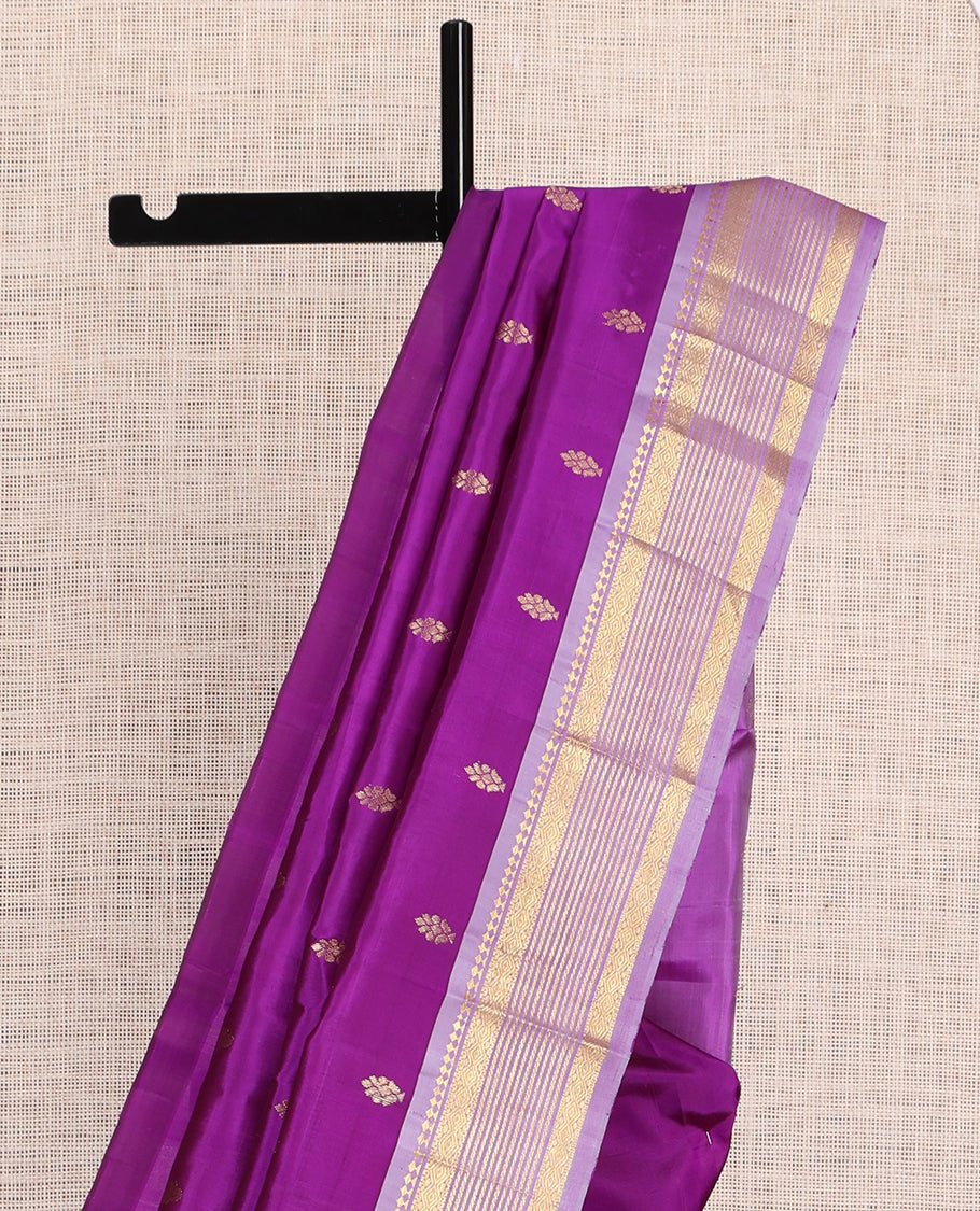 Purple Kanchipuram Silk Saree, Embellished with Zari Buttas, a Contrast One-Sided Border of Paneer Sombu, Banaras and Diamond Design, Zari Design Pallu, and No Blouse