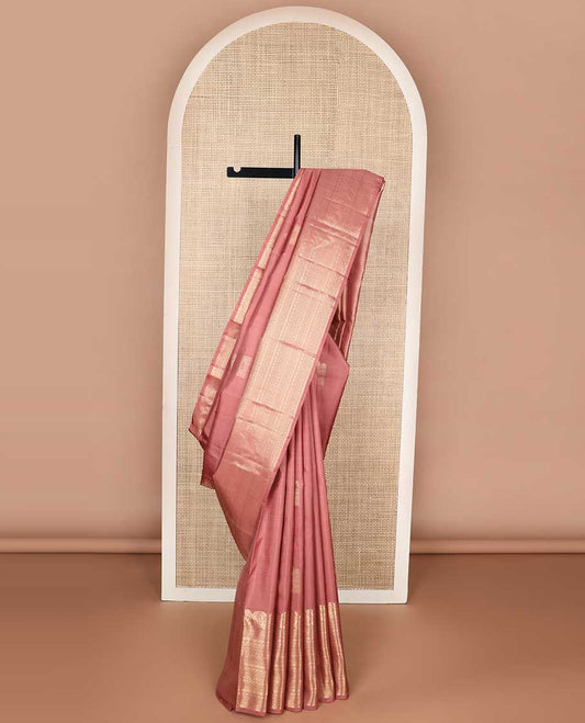 Brown buttas kancheepuram silk saree with intricate zari design border & geometric design pallu