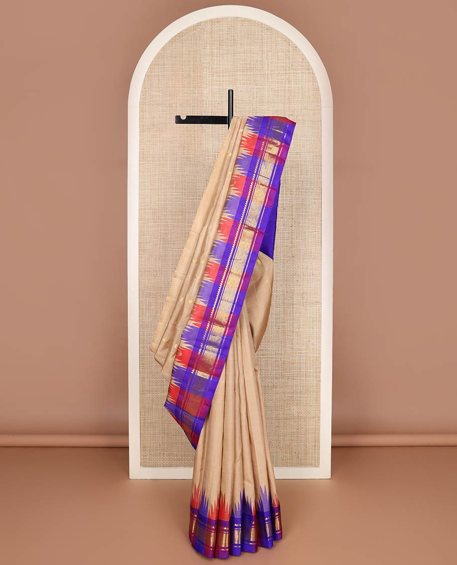 Sandal zari buttas kanchipuram silk saree, contrast one-sided thazampoo rekku border of salngai,banaras & jaal & zari design pallu
