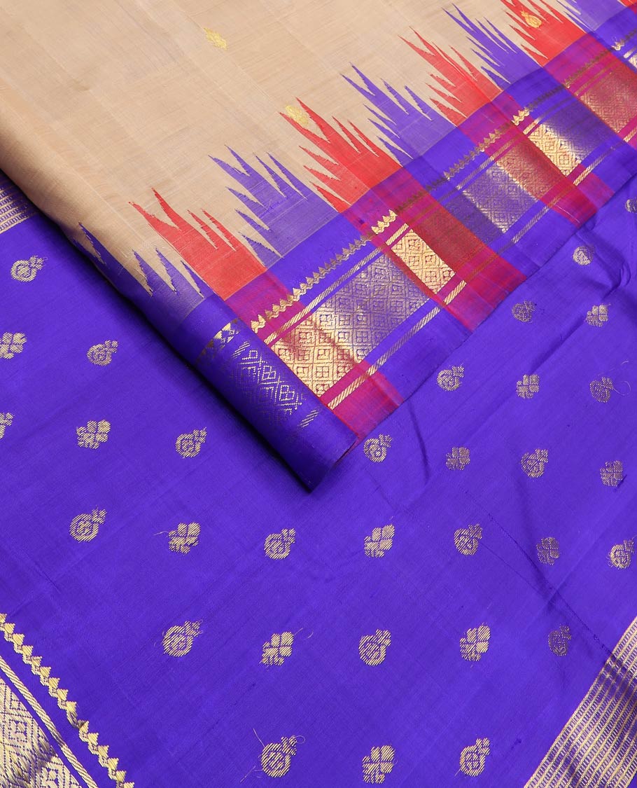 Sandal zari buttas kanchipuram silk saree, contrast one-sided thazampoo rekku border of salngai,banaras & jaal & zari design pallu