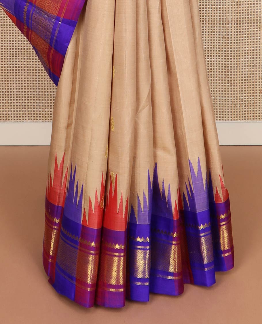 Sandal zari buttas kanchipuram silk saree, contrast one-sided thazampoo rekku border of salngai,banaras & jaal & zari design pallu
