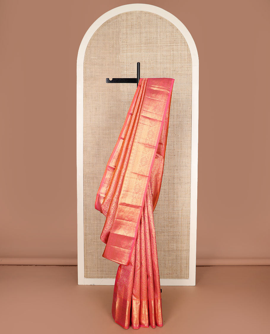 Pink zari floral jacquard Kanchipuram silk saree, traditional zari border & intricate motifs pallu woven in zari