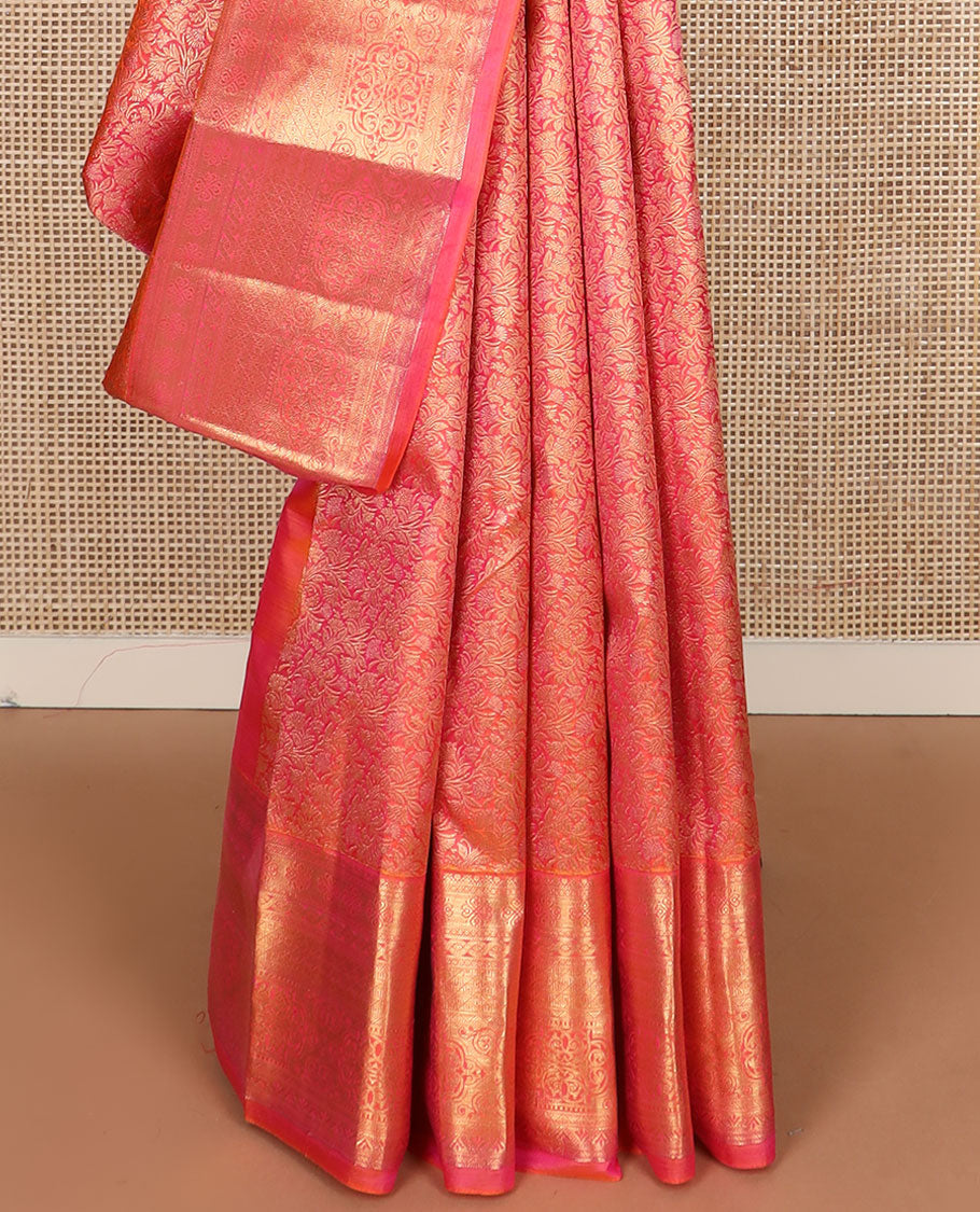 Pink zari floral jacquard Kanchipuram silk saree, traditional zari border & intricate motifs pallu woven in zari