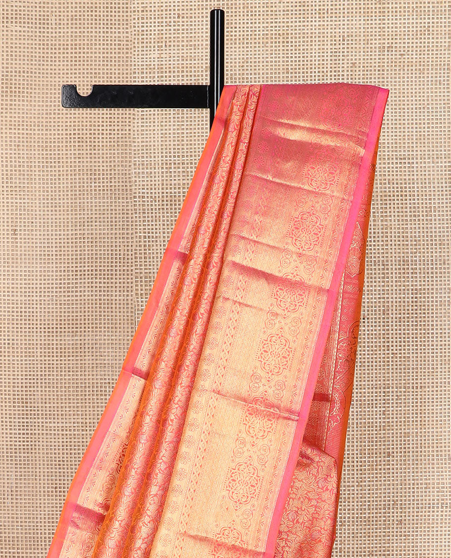 Pink zari floral jacquard Kanchipuram silk saree, traditional zari border & intricate motifs pallu woven in zari