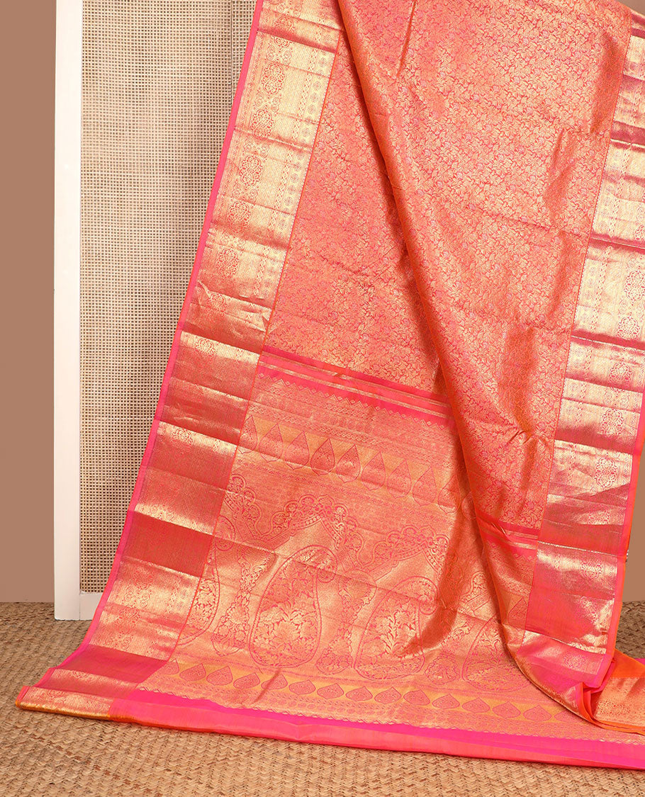 Pink zari floral jacquard Kanchipuram silk saree, traditional zari border & intricate motifs pallu woven in zari