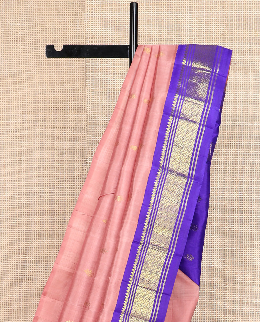Onion pink zari buttas Kanchipuram silk saree, contrast one-sided korvai border of thilakam mokku, banaras, and jaal design, and zari design pallu