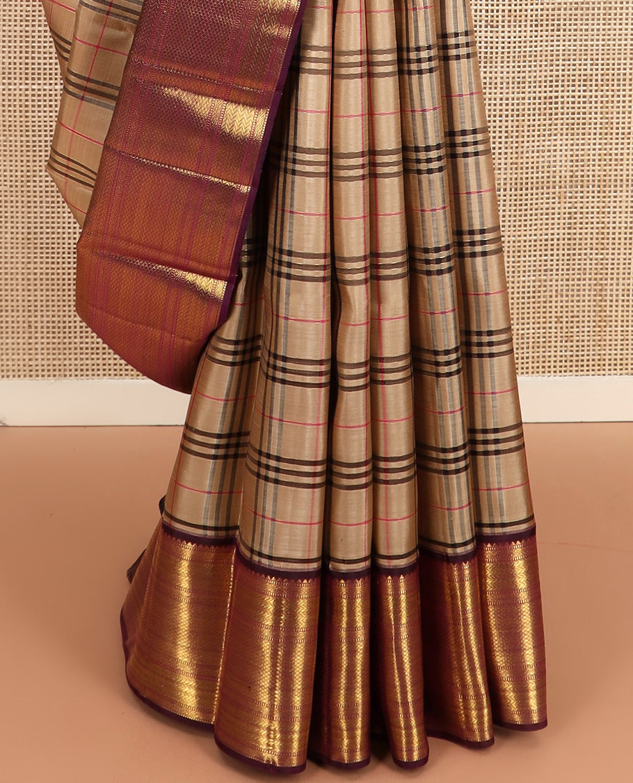 Sandal Burberry checked Kanchipuram silk saree, contrast border of rekku,muthu,neli,vanki, and kuyil kann, and pallu of kodi visiry, and diagonal mayil kann designs