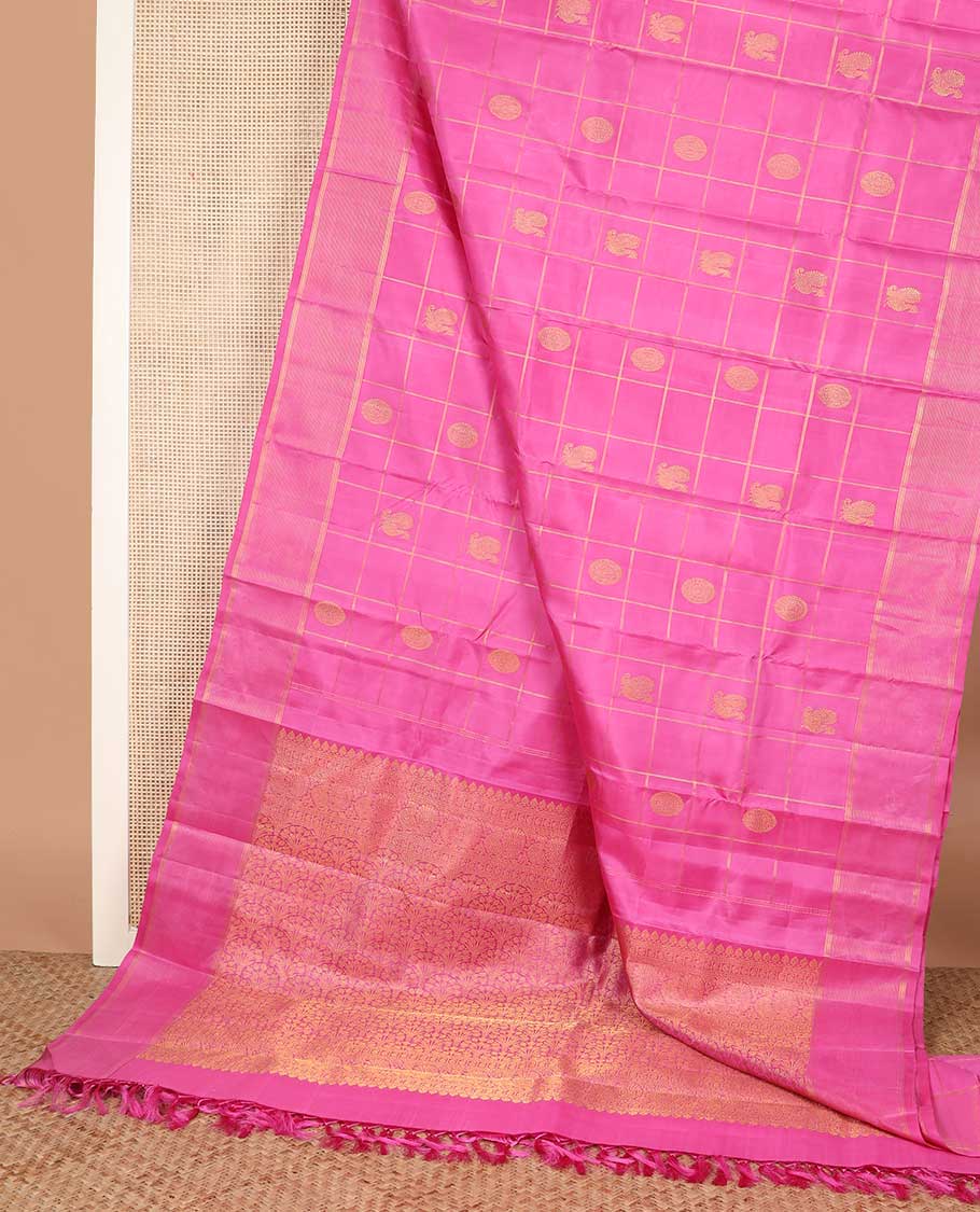 Pink annam chakram buttas enclosed checked Kanchipuram silk saree, zari border of stripes, and pallu of scallop designs