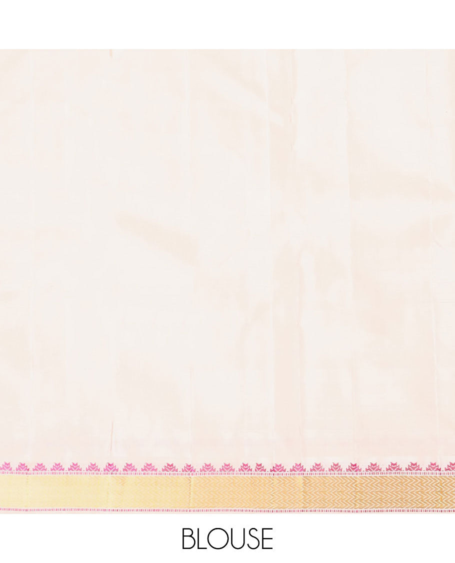 Peach rudraksham buttas Kanchipuram silk saree, contrast border of thazampoo rekku, muthu, and vanki designs, and jaal pallu