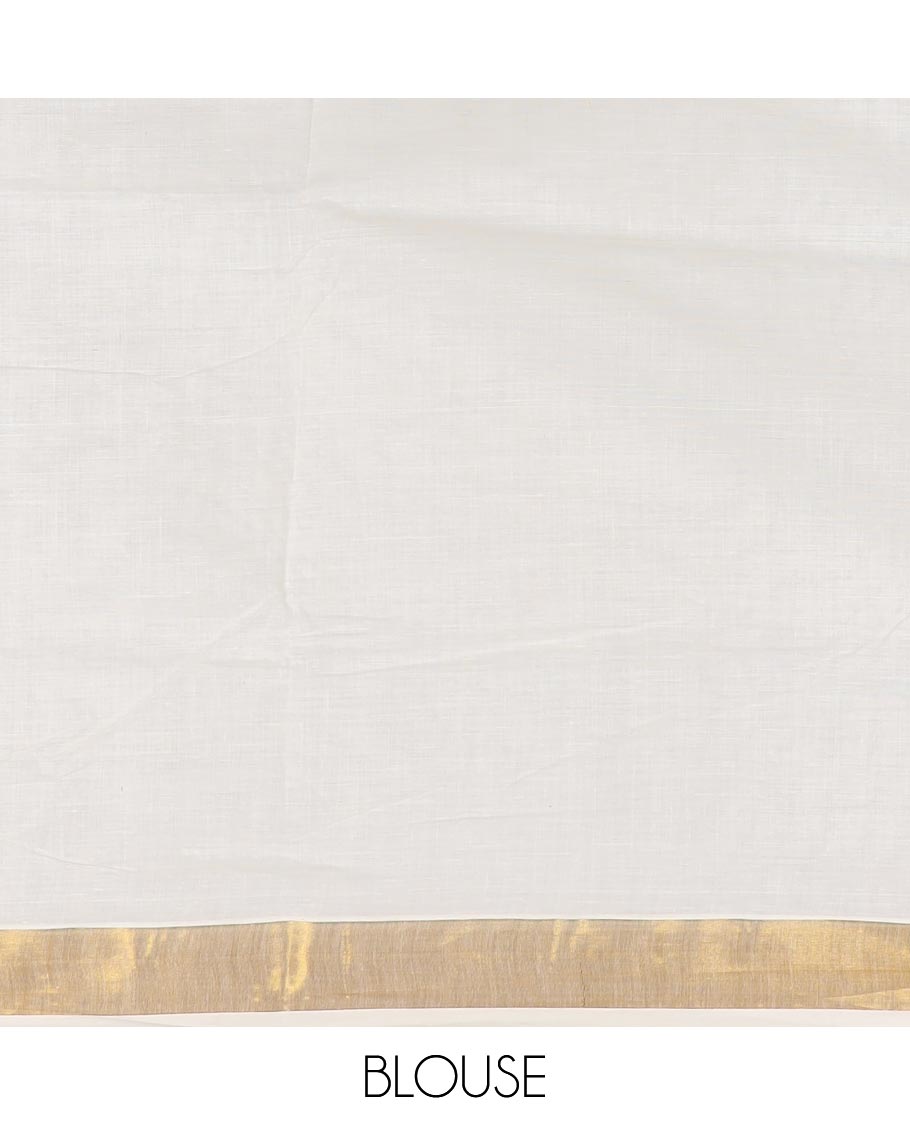 Cream floral, and paisley embroidered Kerala cotton saree, zari border, and floral, and paisley embroidered pallu