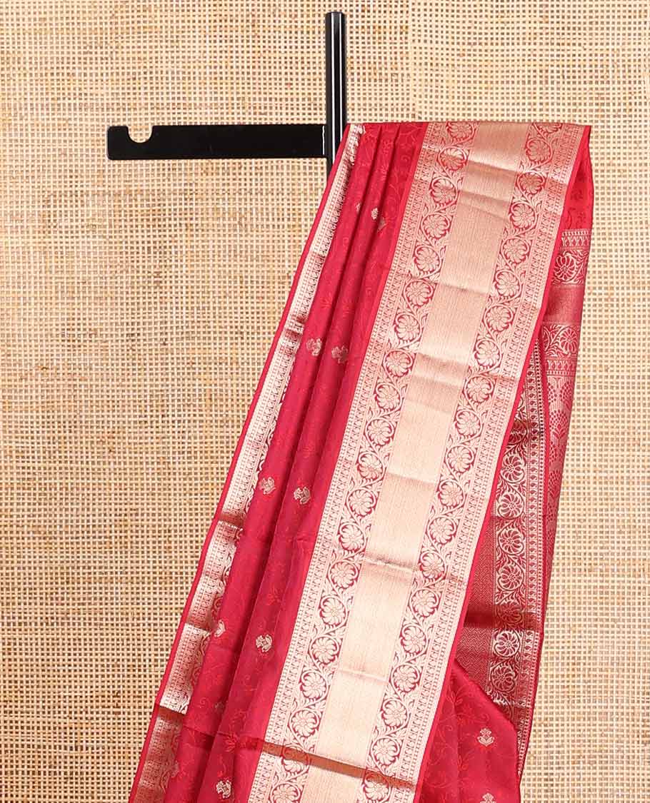 Red floral jacquard kancheepuram silk saree with self floral design border & jaal design pallu