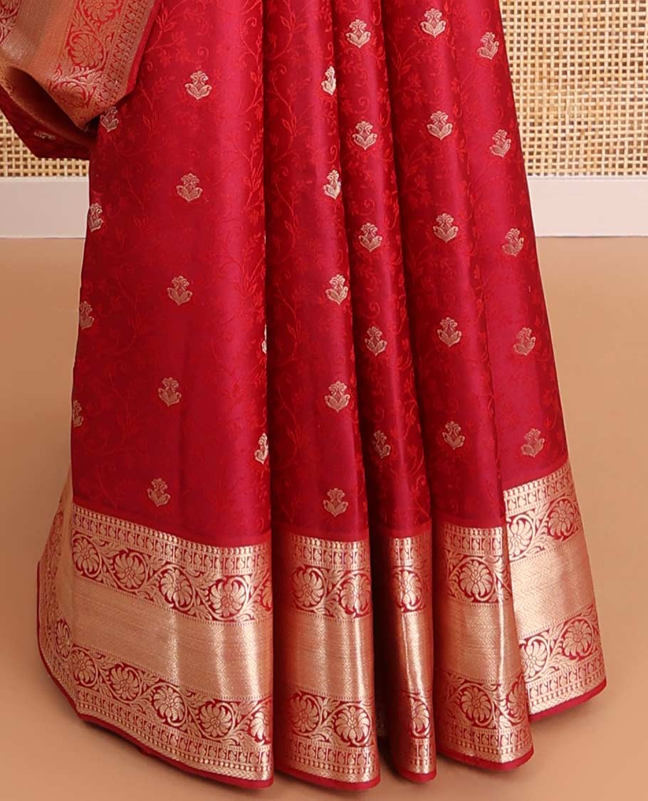 Red floral jacquard kancheepuram silk saree with self floral design border & jaal design pallu