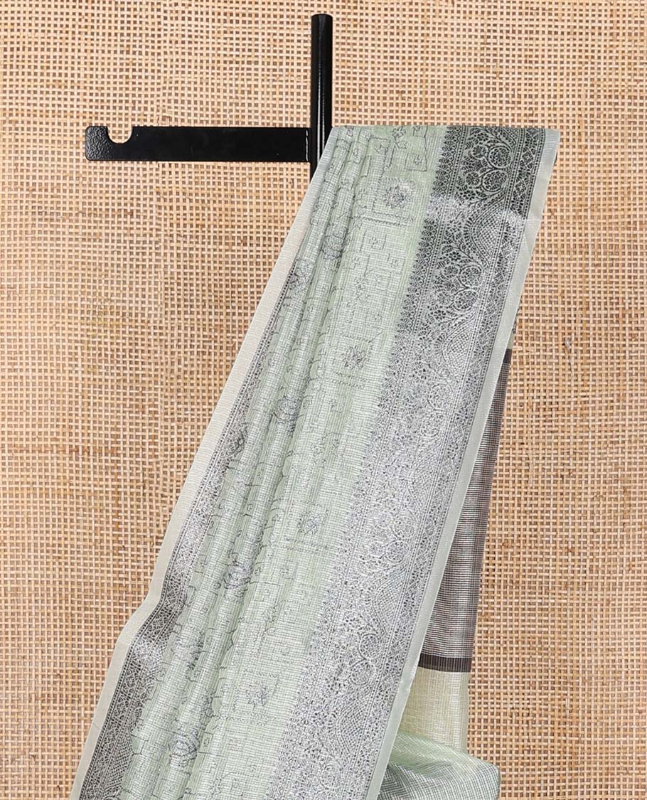 Pastel green floral-paisley design fancy kota saree, traditional design border & striped pallu