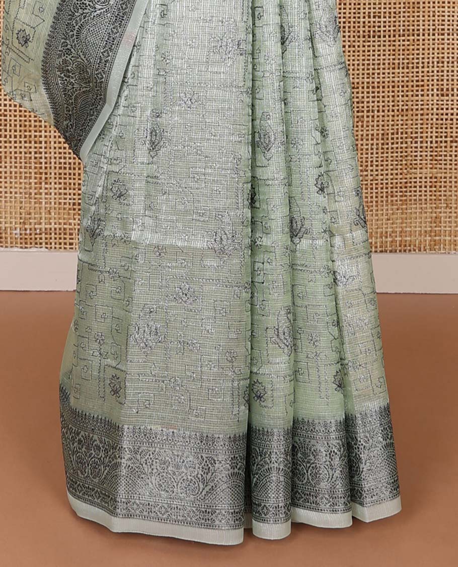 Pastel green floral-paisley design fancy kota saree, traditional design border & striped pallu