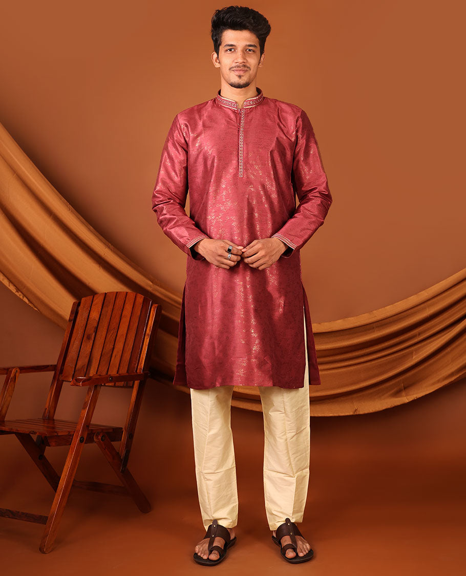 Red Floral Vine Sparsely Woven Full-Sleeved Men's Kurta Set