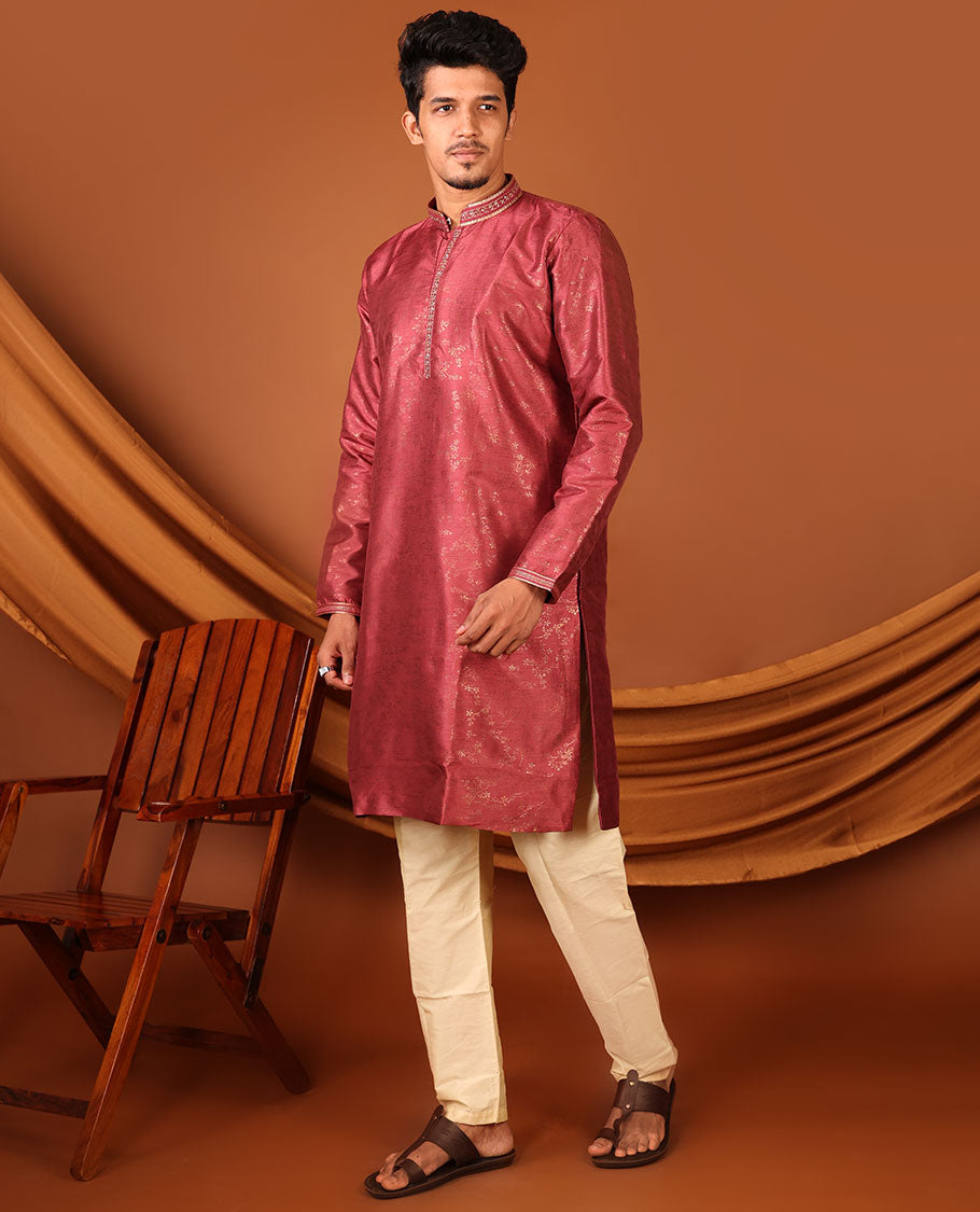 Red Floral Vine Sparsely Woven Full-Sleeved Men's Kurta Set