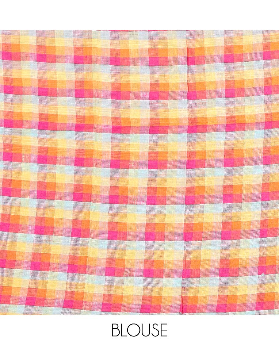 Borderless black checked linen cotton saree, contrast pallu of colorful floral motifs