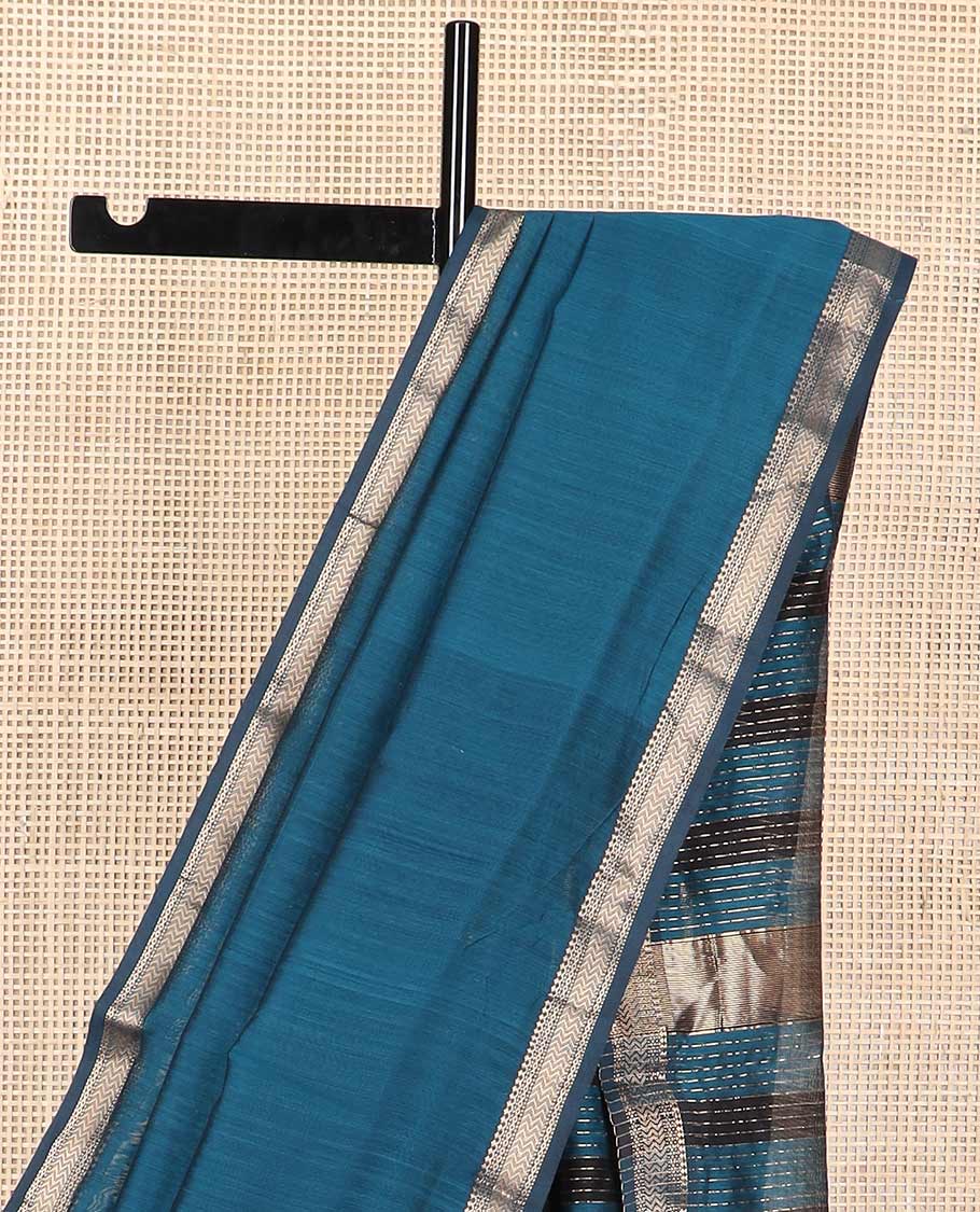 Blue maheshwari cotton saree with self floral zari design border & striped pallu