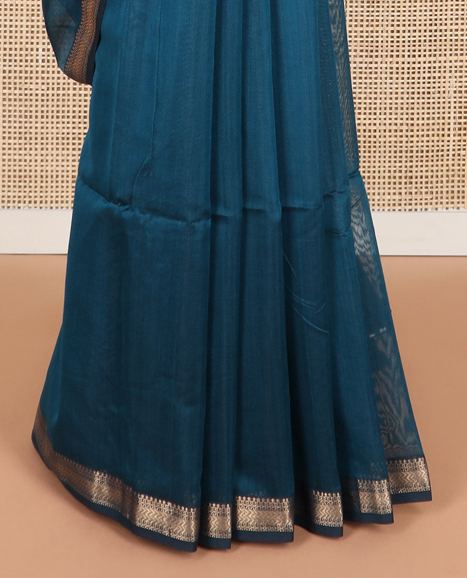 Blue maheshwari cotton saree with self floral zari design border & striped pallu