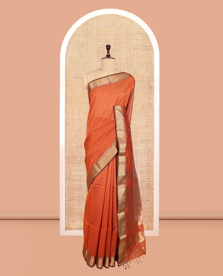Rust Maheshwari Cotton Saree, Delicately Woven with Zari Checks, a Traditional Zari Border, Gleaming Zari Pallu, and a Matching Blouse