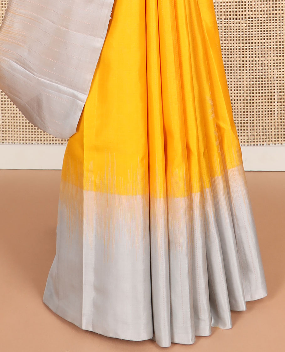 Yellow mayuri soft silk saree with contrast border & geometric design pallu
