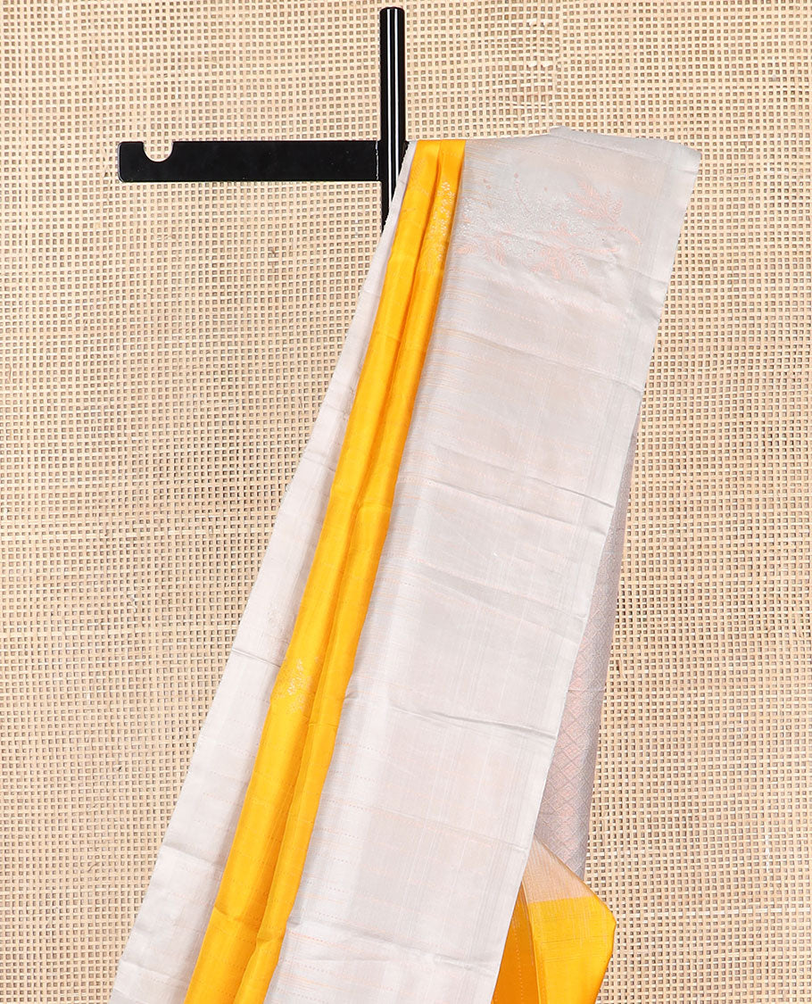 Yellow mayuri soft silk saree with contrast border & geometric design pallu