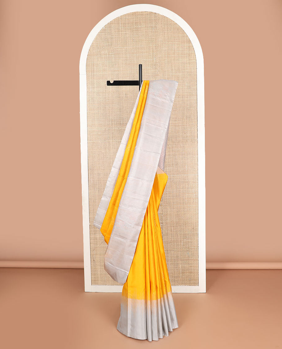 Yellow mayuri soft silk saree with contrast border & geometric design pallu