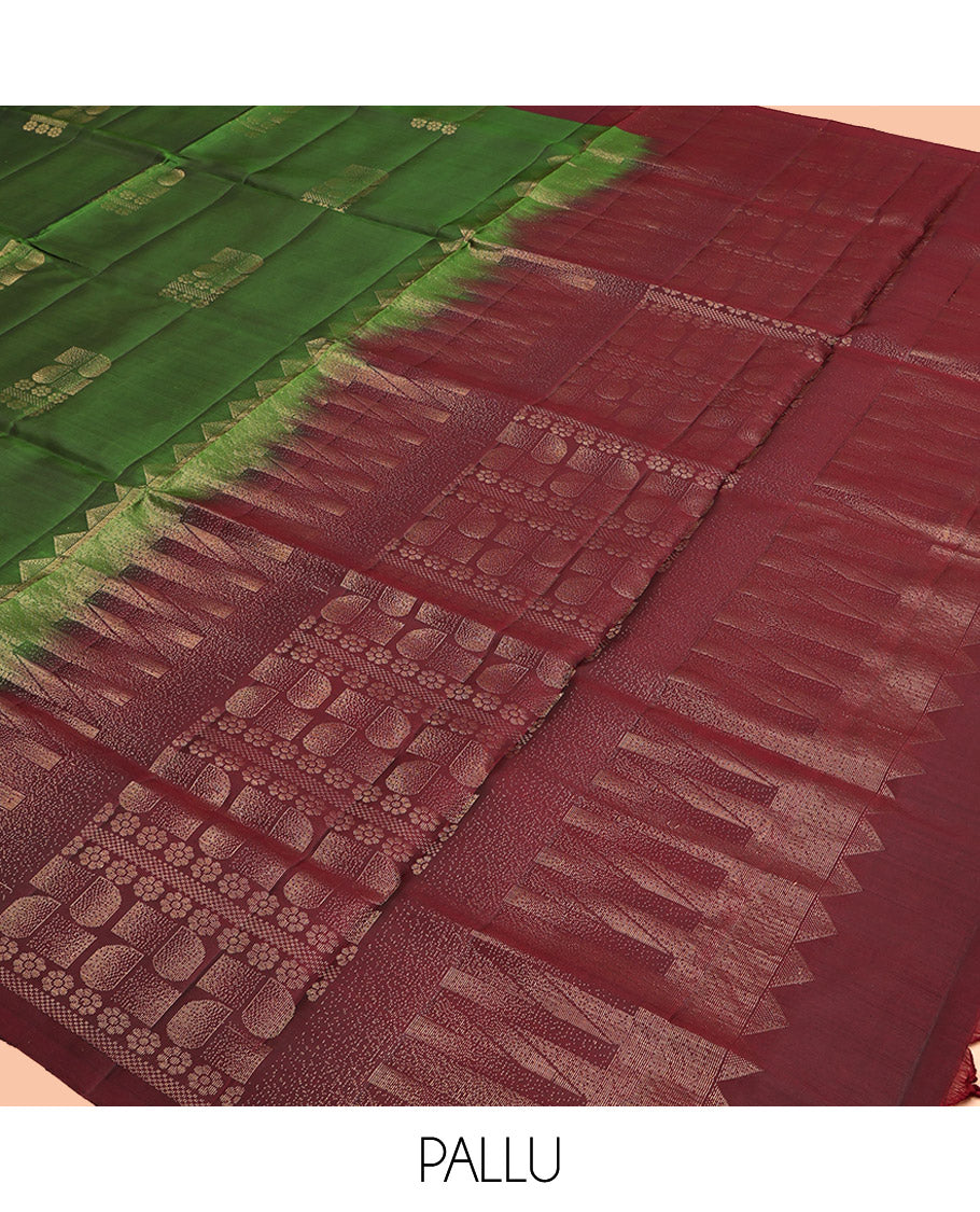 Green Mayuri Lite Silk Mix Saree, Ornamented with Zari Buttas, Complemented by a Contrast Zari Border, Pallu of Geometric Designs, and a Contrast Blouse