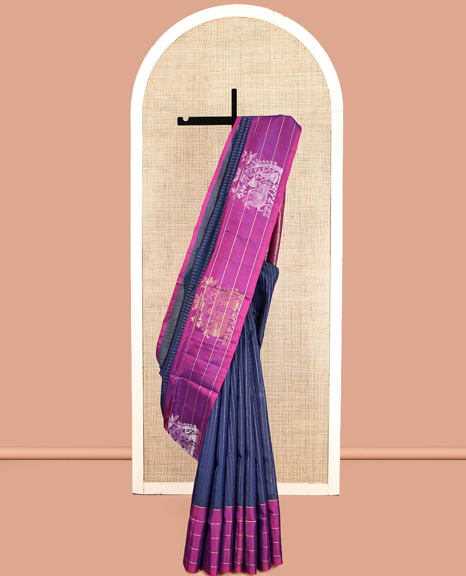 Blue Mayuri Lite Silk Mix Saree, Mesmerized with Zari Stripes, Complemented by Contrast Uniquely Woven Border, Grand Pallu and a Contrast Blouse
