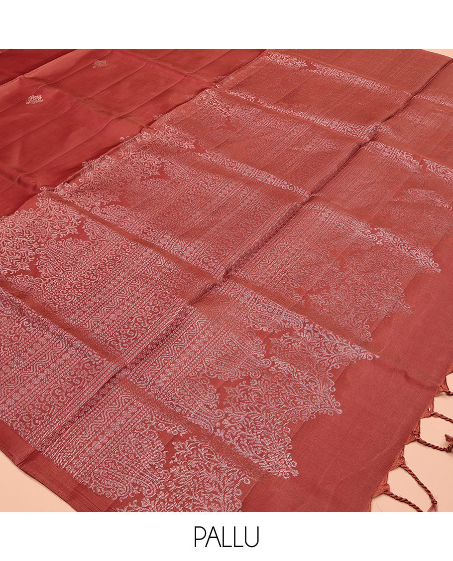 Red Mayuri Soft Silk Saree, Graced with Zari Buttas, a Self-Border, and a Pallu Features an Intricate Weave and a Matching Blouse
