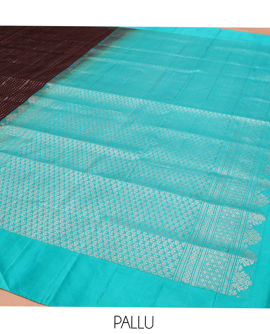 Brown Mayuri Soft Silk Saree, Finely Crafted with Dobbly-Style Buttas and Zig-Zag Stripes All Over Its Body, Complemented by Contrast Border, Grand Pallu of Jaal Designs, and Paired with a Contrast Blouse