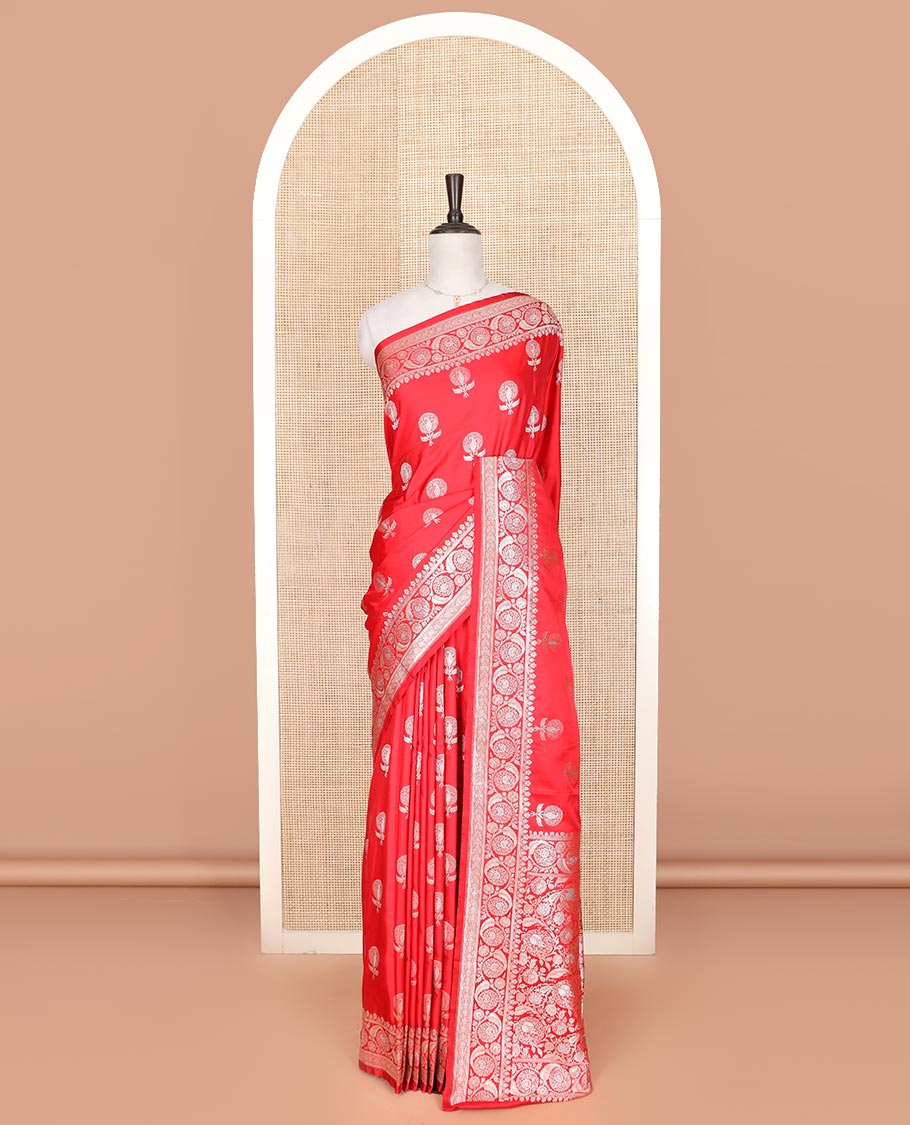 Red zari buttas mushru silk saree, floral creeper design border, and floral jaal design pallu