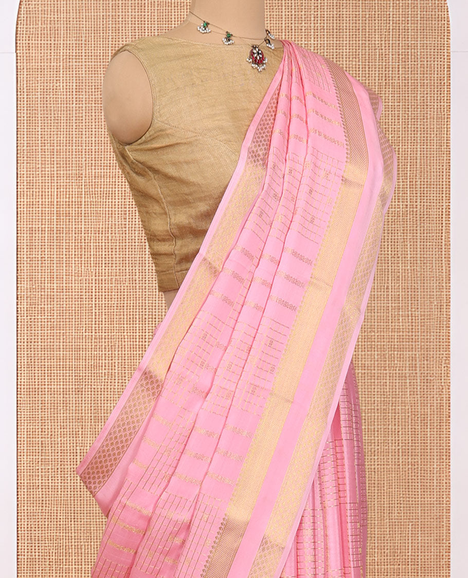 Pink Mysore Silk Saree, Gleamed Up with Zari Designs, Highlighted by a Traditional Zari Border, Intricate Pallu, and a Matching Blouse